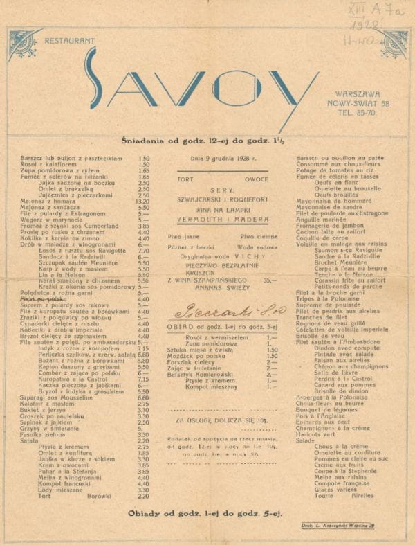 Menu warszawskiej restauracji Savoy z 1928 r. Był to lokal I kategorii, w którym żywili się najzamożniejsi - m.in. lekarze, adwokaci i bandyci. 