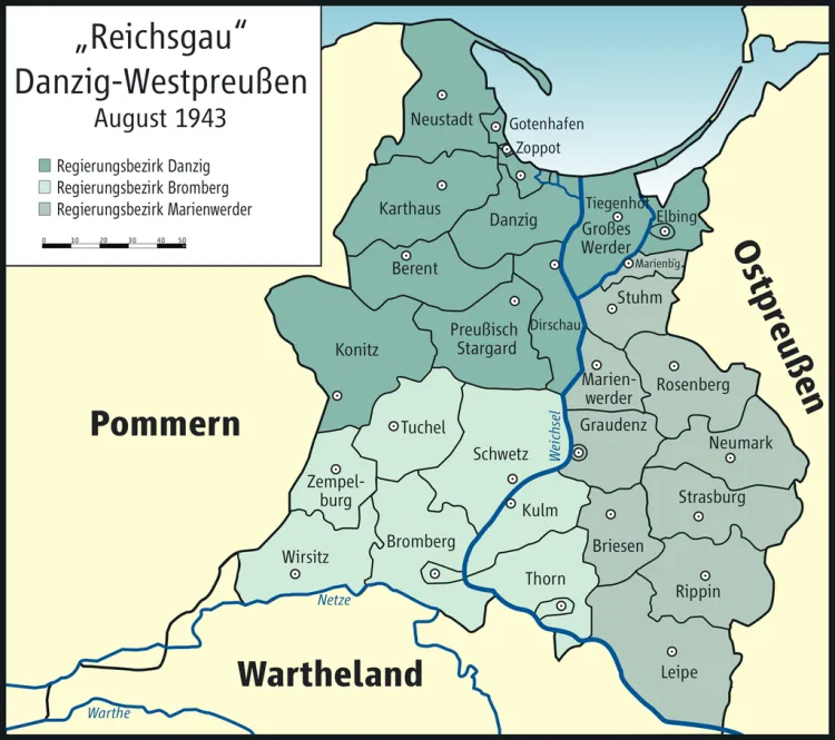 Mapa Okręgu Gdańsk-Prusy Zachodnie z podziałem administracyjnym obowiązującym w  sierpniu 1943 r. Okręg był podzielony na trzy rejencje: gdańską, bydgoską i kwidzyńską.