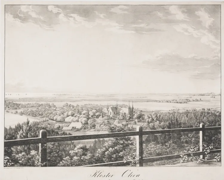 Widok na Oliwę z Pachołka. Grafika została wykonana ok. 1825 r.