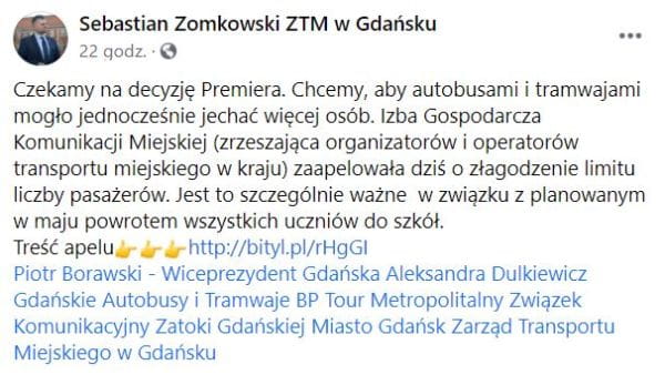 Dyrektor ZTM Sebastian Zomkowski odnosił się do apelu w mediach społecznościowych.