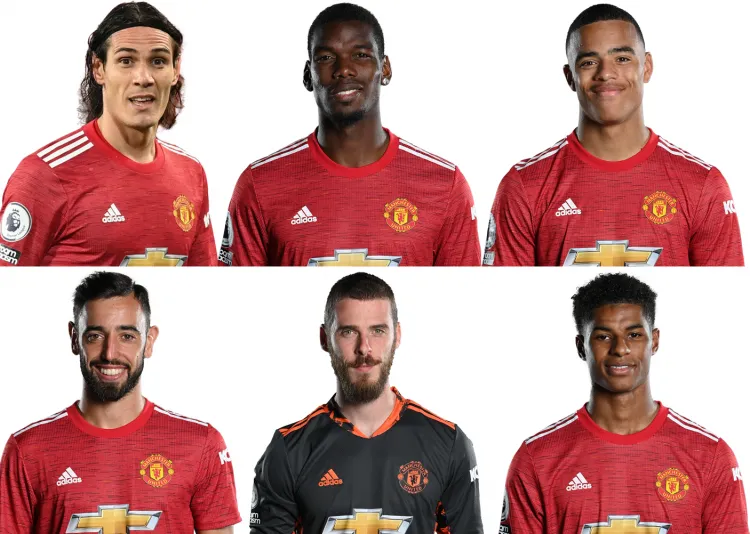 Łączna wartość wszystkich piłkarzy Manchesteru United wynosi prawie 717 milionów euro. Na zdjęciu gwiazdy "Czerwonych Diabłów. W górnym rzędzie od lewej: Edinson Cavani, Paul Pogba, Mason Greenwood. W dolnym rzędzie od lewej: Bruno Fernandes, David De Gea i Marcus Rashford.