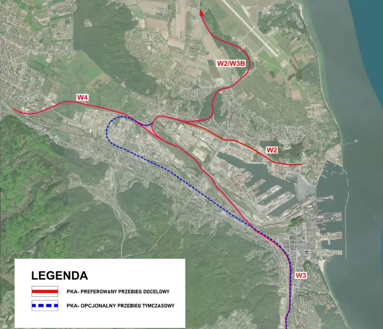 Proponowany przez samorządy przebieg kolei na północ Gdyni oraz przebieg tymczasowy.