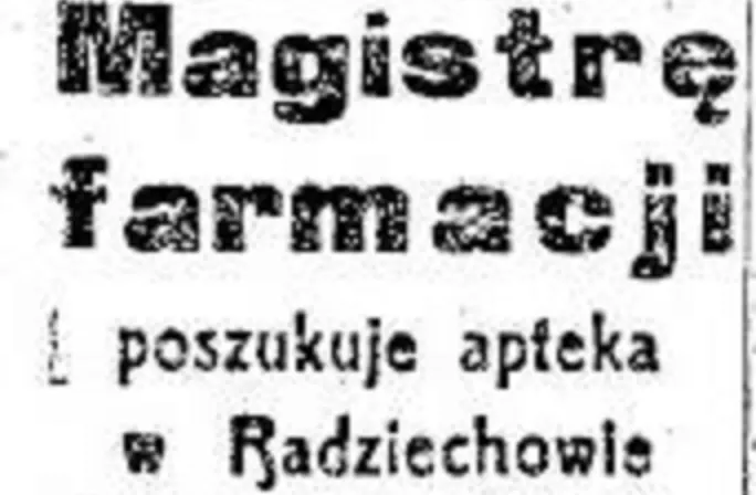 Feminatyw z 1918 roku. Grafika przedstawia fragment gazety Kuryer Lwowski (Lemberger Courier), w którym użyto wyrażenia "magistrę farmacji".