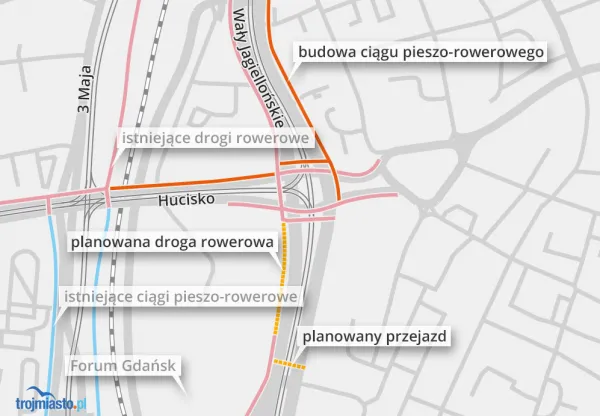 Istniejąca, budowana i planowana infrastruktura rowerowa w centrum Gdańska.