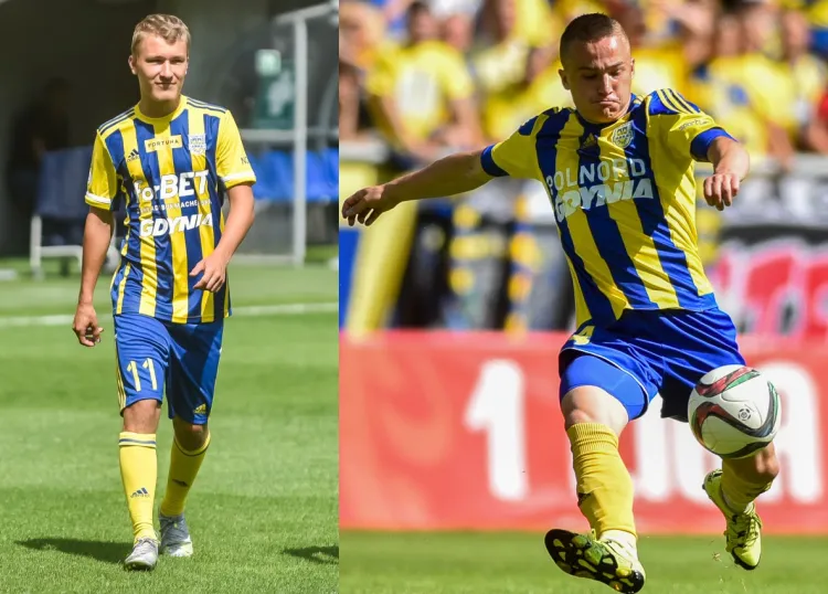 Arka Gdynia wróciła do "pasiaków". Z lewej koszulka na sezon 2021/22, z prawej strój, w którym żółto-niebiescy w 2016 roku zdobyli awans do ekstraklasy.  