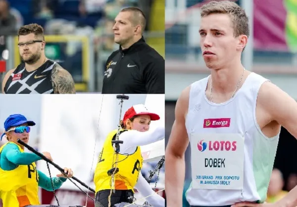 Igrzyska Olimpijskie Tokio 2020, 4.08.2021. Polscy medaliści, w tym mistrz w rzucie młotem - Wojciech Nowicki (drugi z lewej na górnym zdjęciu.
