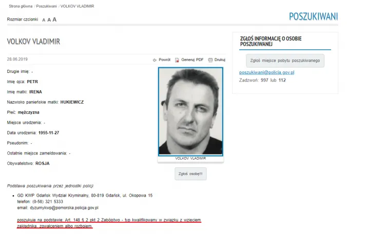 Informacje na temat Vladimira Volkova opublikowane na stronie Komendy Wojewódzkiej Policji w Gdańsku.
