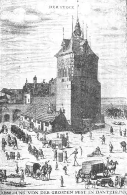 Rycina Samuela Donneta upamiętniająca zarazę w Gdańsku w 1709 roku.
