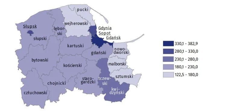 Pracujący (na 1000 mieszkańców, według powiatów). 