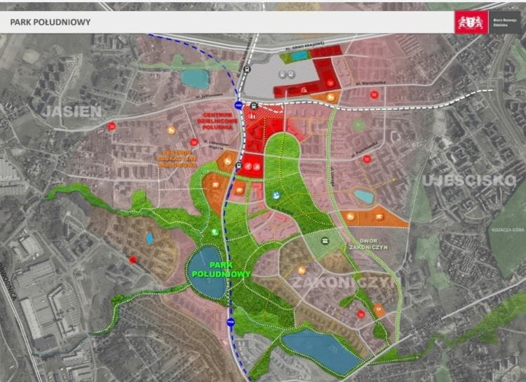 Teren przyszłego Parku Południowego został na mapie zaznaczony kolorem zielonym.