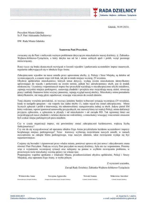 Pismo skierowane do prezydent Gdańska Aleksandry Dulkiewicz.