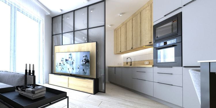 Nel primo concept, la zona cucina è separata dalla zona riposo da una parete in vetro chiaro.