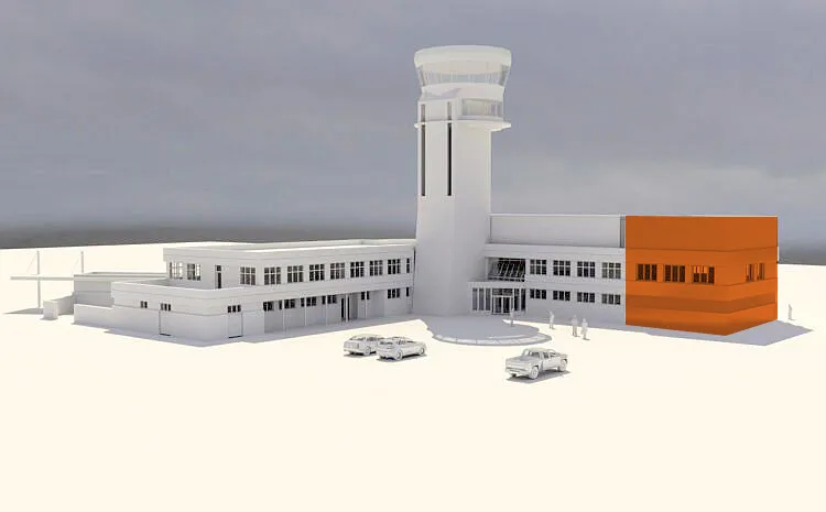Ośrodek kontroli lotów przy lotnisku w Gdańsku zostanie rozbudowany. Nowa część zaznaczona na pomarańczowo. Inwestorem jest Polska Agencja Żeglugi Powietrznej.
