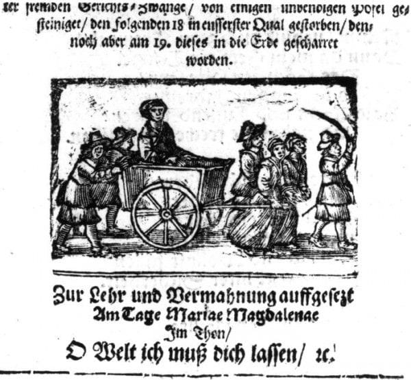 Ostatnia droga nierządnicy Elsy Beyer. Rycina z "Gewandte Rede der armen offenbahren Sunderin Elisabeth Beyers sonsten Fuhrmans Else genandt...", wydanego w Gdańsku w 1664 r. 