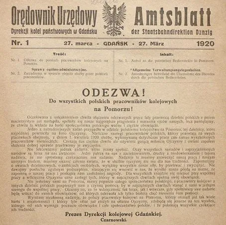 "Odezwa" prezesa Czarnowskiego z marca 1920 r. zamieszczona w biuletynie urzędowym Dyrekcji Kolei w Gdańsku.