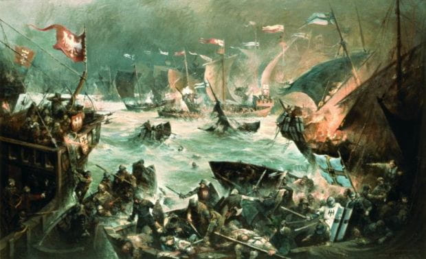 Obraz "Bitwa na Zatoce Świeżej 1463" autorstwa Henryka Baranowskiego z 1988 r. Obraz ze zbiorów Narodowego Muzeum Morskiego.
