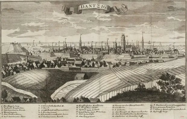 Bastiony włoskie, otaczające niegdyś Główne i Stare Miasto od zachodu, są dobrze widoczne na przedstawiającej Gdańsk rycinie z 1734 roku.