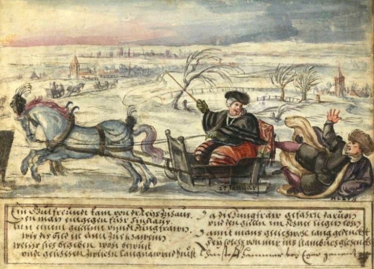 A. Möller, Opowieść o sannie między Łęgowem a Pruszczem, 1608 r., ze sztambucha w zbiorach Biblioteki Kórnickiej.