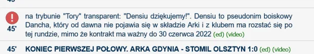 Fragment relacji live z meczu Arka Gdynia - Stomil Olsztyn, w którym informowaliśmy, jak kibice żegnali Adama Dancha.