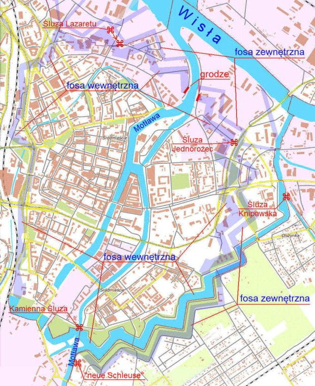 Usytuowanie dawnych obiektów hydrologicznych na współczesnym planie Gdańska.