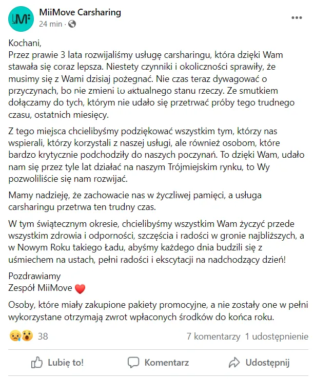 Komunikat o zakończeniu działalności.