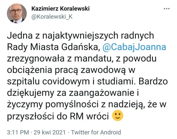 Tak radną żegnał Kazimierz Koralewski, przewodniczący klubu PiS w Radzie Miasta Gdańska. 