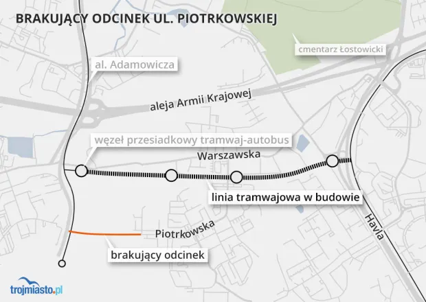 Planowana lokalizacja nowego odcinka ul. Piotrkowskiej oraz trasy tramwajowej Nowa Warszawska.