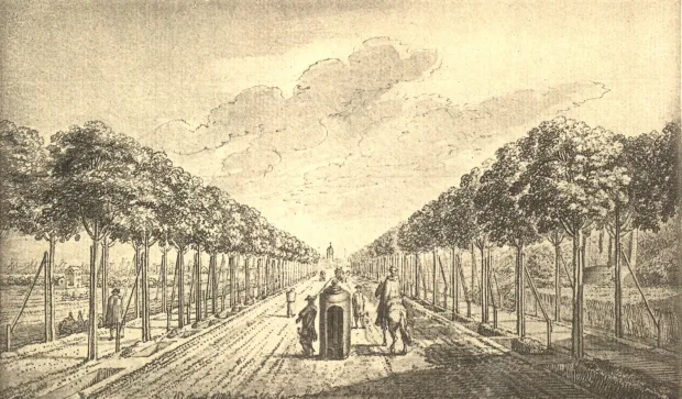 Pruski posterunek graniczny na Wielkiej Alei. Rycina autorstwa Daniela Chodowieckiego z 1773 r.