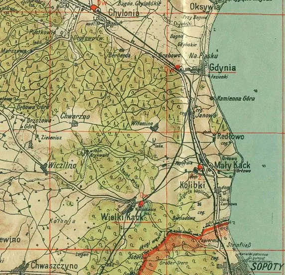 Fragment mapy z lat dwudziestych "Mapa Polskiego Wybrzeża" skala 1:100000 ze zbiorów Janusza Kukielskiego.