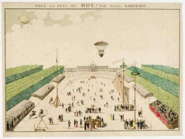 Pokaz "skoku na spadochronie"  Elisy Garnerin w Paryżu, w 1815 r. 
