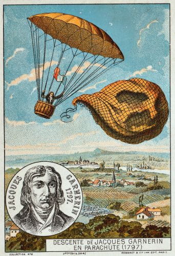 Skok "na spadochronie" Jacquesa Garnerina w 1797 r., doskonale ilustrujący działalność pierwszych "paraszutów", 1890 r. 

