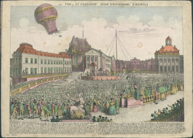 Rycina przedstawiająca pierwszy, załogowy lot balonowy (w gondoli były zwierzęta), 1783 r. 