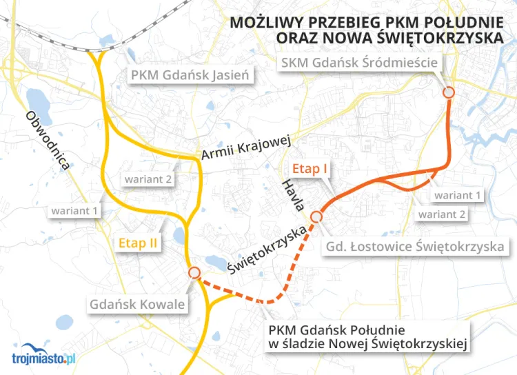 Ciągłymi liniami - żółtą i pomarańczową - oznaczono warianty etapów budowy PKM.
Linią przerywaną - ul. Nową Świętokrzyską, śladem której biegnie odcinek linii PKM Południe.