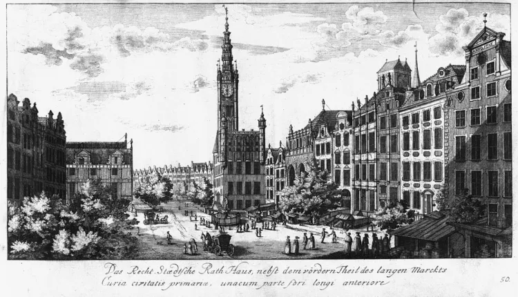 Ratusz Głównego Miasta uwieczniony na grafice Matthäusa Deischa z 1765 r.