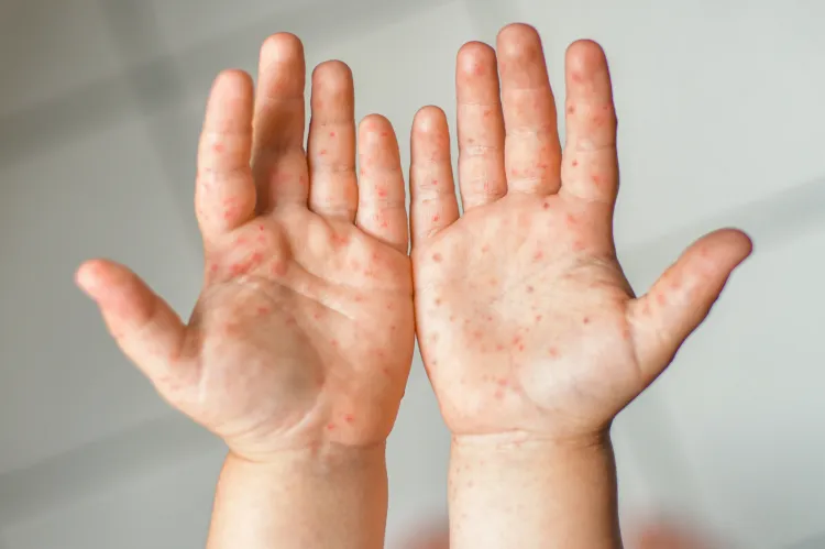 Bostonka. Podstawowym objawem są charakterystyczne zmiany skórne, m.in. na dłoniach.