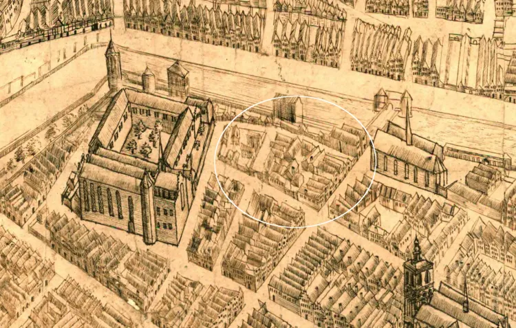 Fragment tzw. planu sztokholmskiego z około 1600 roku. W okręgu zaznaczony zaułek, w którym mieszkał kat i jego personel.