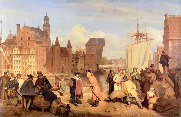 XVII-wieczni gdańscy kupcy w porcie na obrazie XIX malarza Wojciecha Gersona.
