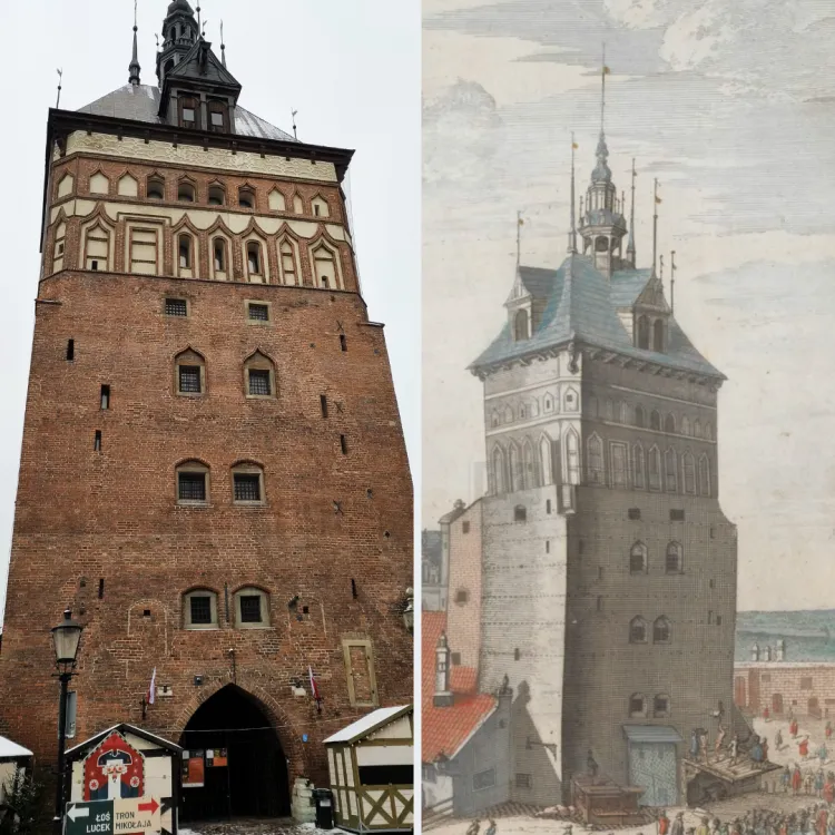 Wieża Więzienna w Gdańsku - współcześnie oraz na malunku z XVII wieku.