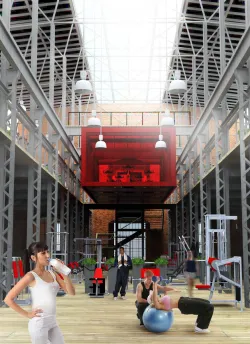Wizualizacja adaptacji na klub fitness hali 42A znajdującej się na terenie historycznej Stoczni Cesarskiej. 