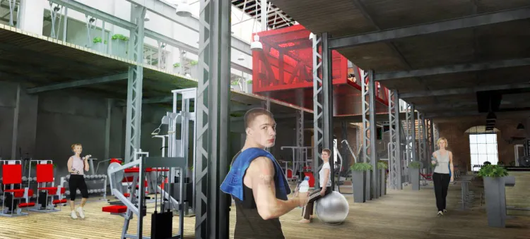 Wizualizacja adaptacji na klub fitness hali 42A znajdującej się na terenie historycznej Stoczni Cesarskiej.