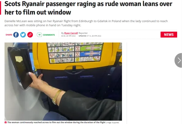 Sprawa pasażerki, która sięgała przez siedzenie, by zrobić zdjęcie, odbiła się echem w szkockich mediach.