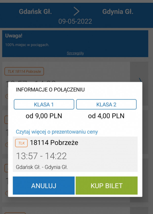 Se puede comprar un billete de tren InterCity de Gdańsk a Gdynia en aplicaciones de billetes populares, incl.  Dinero en efectivo del cielo.