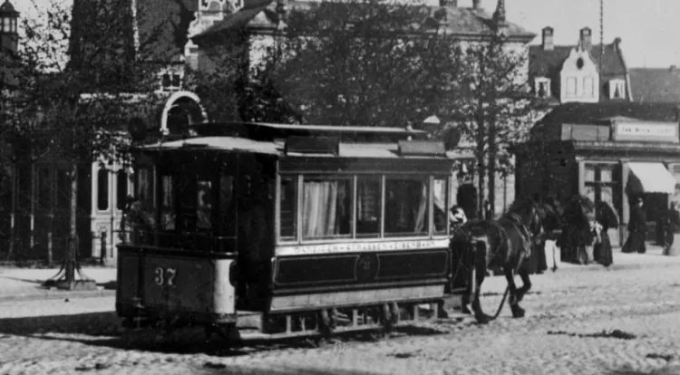 Tramwaj konny na Targu Siennym. Tramwaje tego typu kursowały w Gdańsku w latach 1873-1896. W roku 1896 zastąpiono je tramwajami elektrycznymi. 