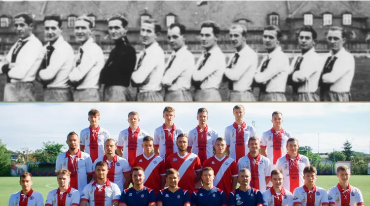 Zdjęcie, na którym w górnym rzędzie są piłkarze reprezentujące Klub Sportowy Gedania w 1922 roku. Poniżej obecna kadra, która reprezentuje klub 100 lat później.