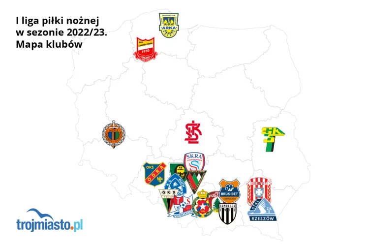 Mapa klubów Fortuna 1. Ligi w sezonie 2022/23.