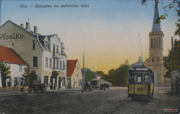 Przystanek końcowy elektrycznego tramwaju na Oruni przy ul. Gościnnej 5. Rok 1903.