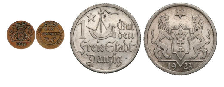 Po lewej stronie 1 grosz gdański z 1809 r. Po prawej: 1 gulden gdański z 1923 r. Fot. Gabinet Numizmatyczny Damian Marciniak