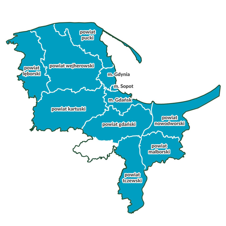 Mapa powiatów tworzących OMGGS.