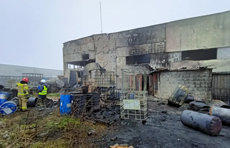 Inspektor WIOŚ w Gdańsku wraz ze strażakiem podczas oględzin terenu przy ul. Chwaszczyńskiej w Gdyni, gdzie w poniedziałek późnym wieczorem wybuchł pożar.