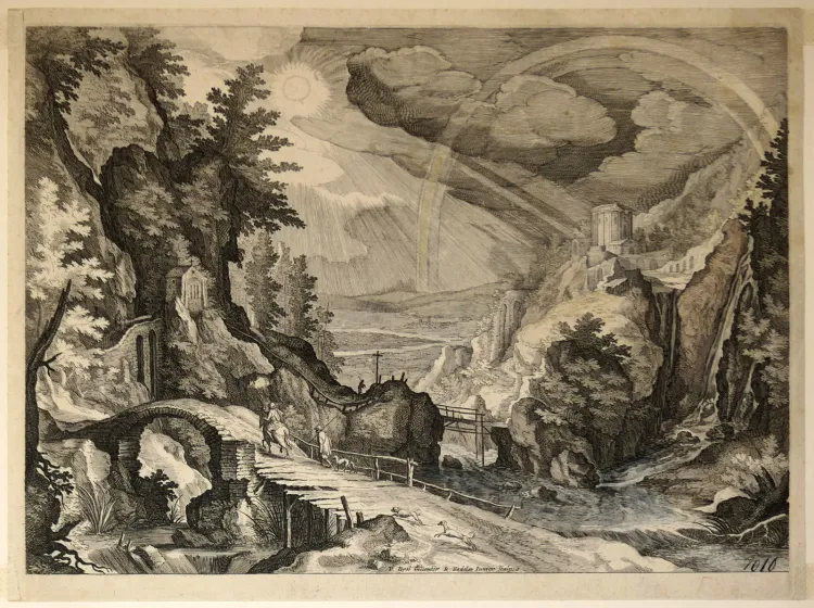 Raphael Sadeler (1560-1628) wg Paula Brila (1553-1626) Pejzaż górski z tęczą 1590-1620 miedzioryt, papier.